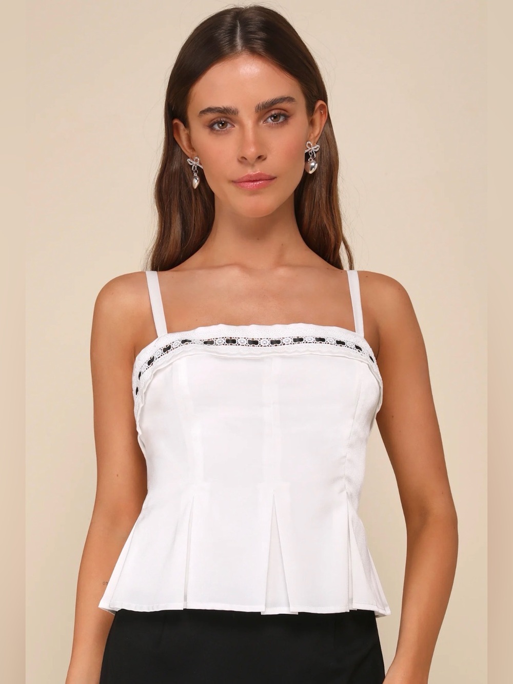 Lulus NWT Charming Design White Crochet Lace Pleated Ribbon Tank Top